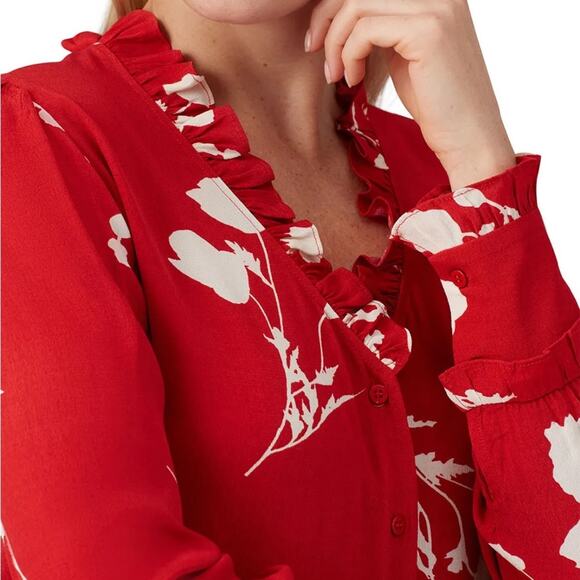 Ba&sh red white floral ruffle button up long sleeve top - Picture 3 of 11